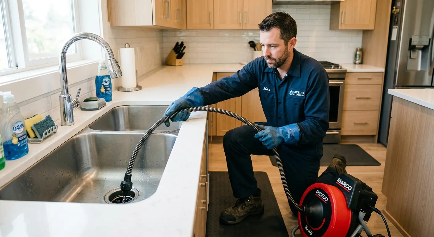 Drain cleaning technician using a motorized snake on a kitchen sink in Menominee
