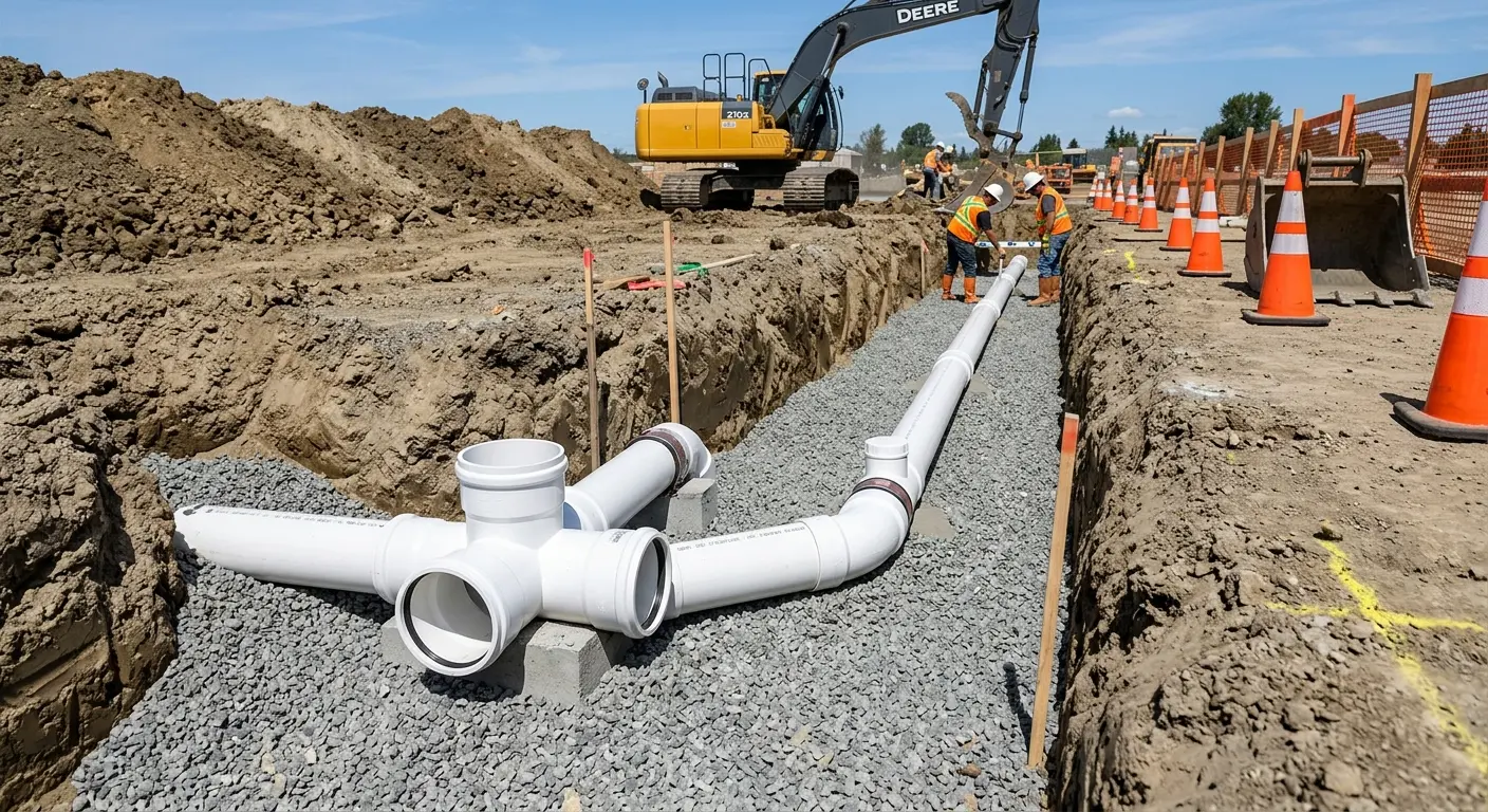 New PVC sewer pipe installation in open trench for Sewer Backup in Menominee