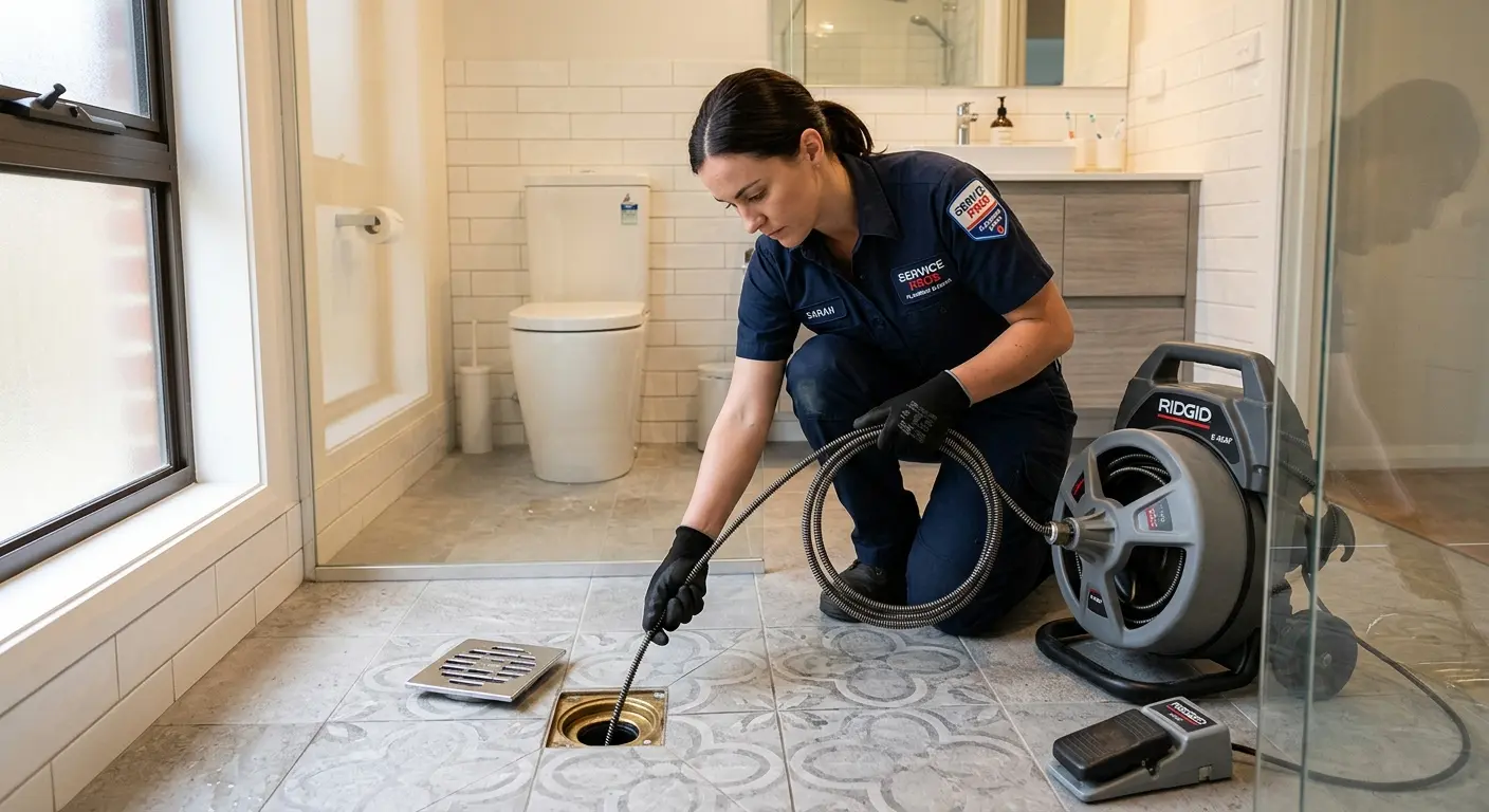 Technician clearing a bathroom floor drain for Sewer Line Replacement in Menominee